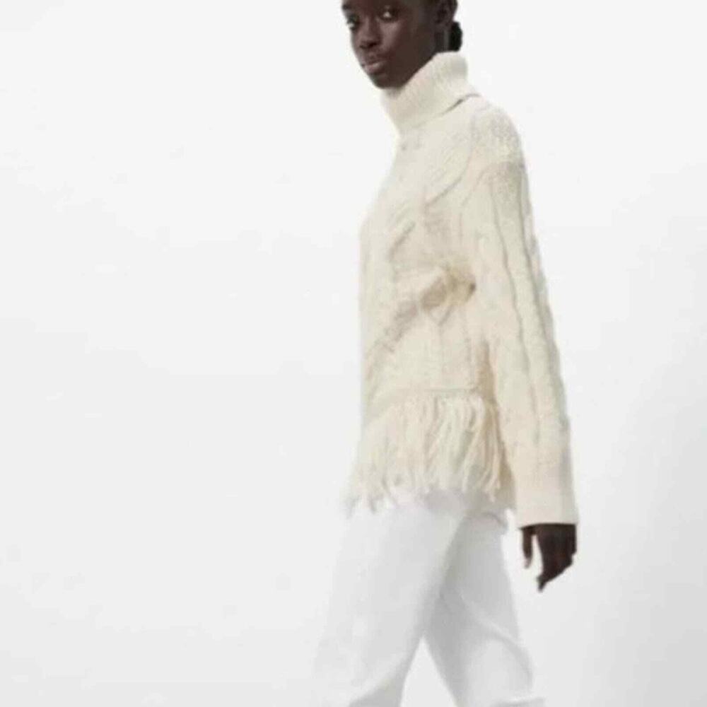Zara Fisherman Sweater Cream Chunky Knit Fringed Hem Small - Picture 3 of 10